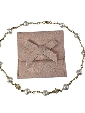 Judith Ripka 18K Yellow Gold Pearl Diamond Station Necklace w/Pouch 16" #24617
